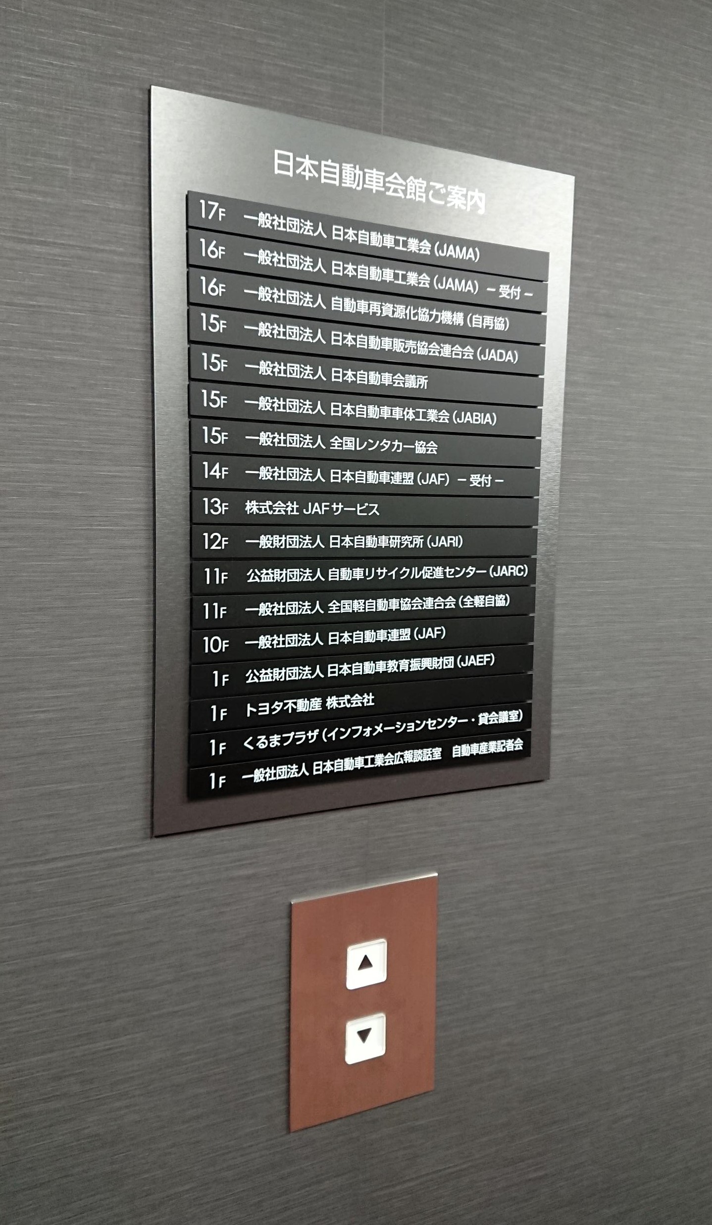 日本自動車会館エレベーターホールに業界団体「案内板」新設
