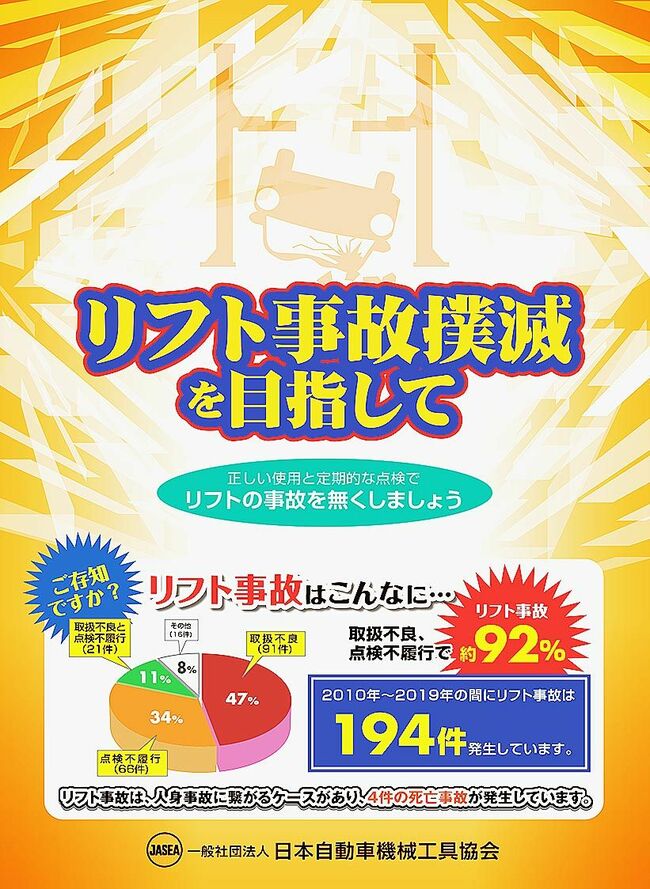 自動車機械工具協会　リフト事故撲滅へリーフレット発行